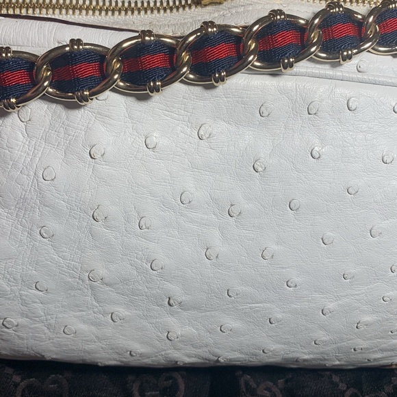 Gucci White Ostrich Leather Capri Bowler Handbag Signature Stripe Gold Hardware - Picture 9 of 16